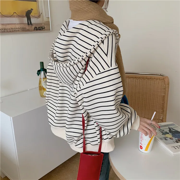 Korean Style Hoodies For Girls Top Zip Up Oversized Hooded Sweatshirt Women Vintage stripe Long Sleeve Jacket Casual Large Coats