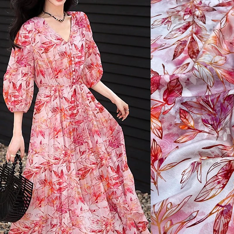 

Шелковая ткань с принтом розовых оранжевых листьев для платьев, поли% шелк и 7% спандекс, шелковая крепдешинская ткань шириной 140 см, толщина 18 мм D1311