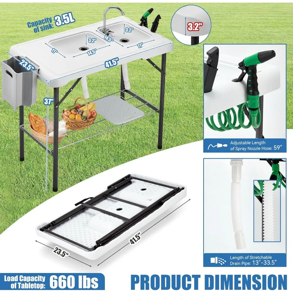 Folding Fish Cleaning Table Portable Camping Double Sinks Table w/2 Dual Water Basins, Faucet Drainage Hose & Sprayer Outdoor Fi