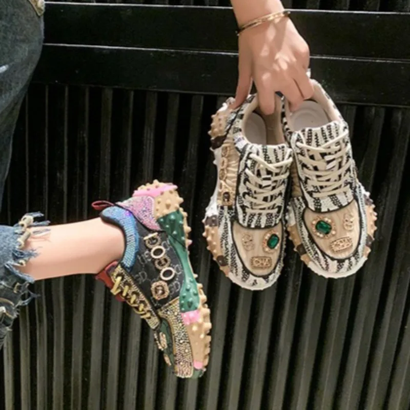 

Women's Shoes Luxury Glittering Rhinestones Casual Shoes Mesh Breathable Sneakers Lace Up Platform Footwear Luxury Designer Shoe