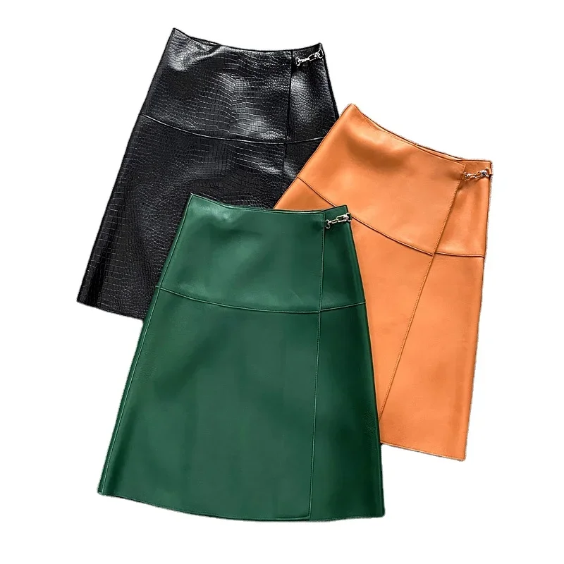 2023 Wholesale Elegant Short Genuine Sheepskin High Waist Leather Skirt for Women