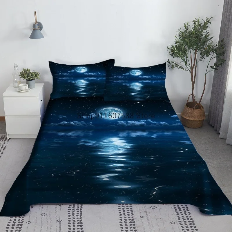 Moon And Water Bed Sheet Set 3D Printed Polyester Scenery Bed Flat Sheet With Pillowcase Bed Linen 1/1.2/1.35/1.5/1.8/2m