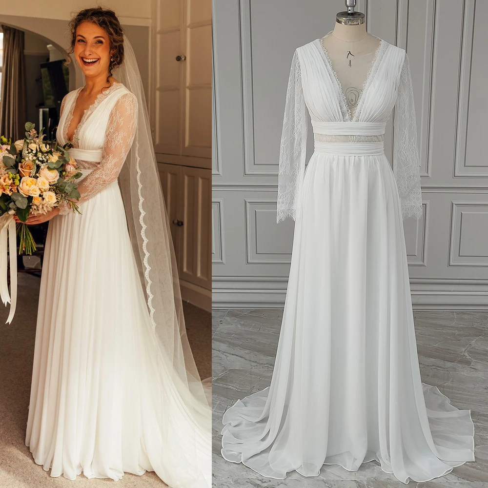 A Line Pleated Chiffon Lace Wedding Dress V Neck Long Sheer Sleeves Plus Size Customized Rustic Maxi Beach Boho Bridal Gowns