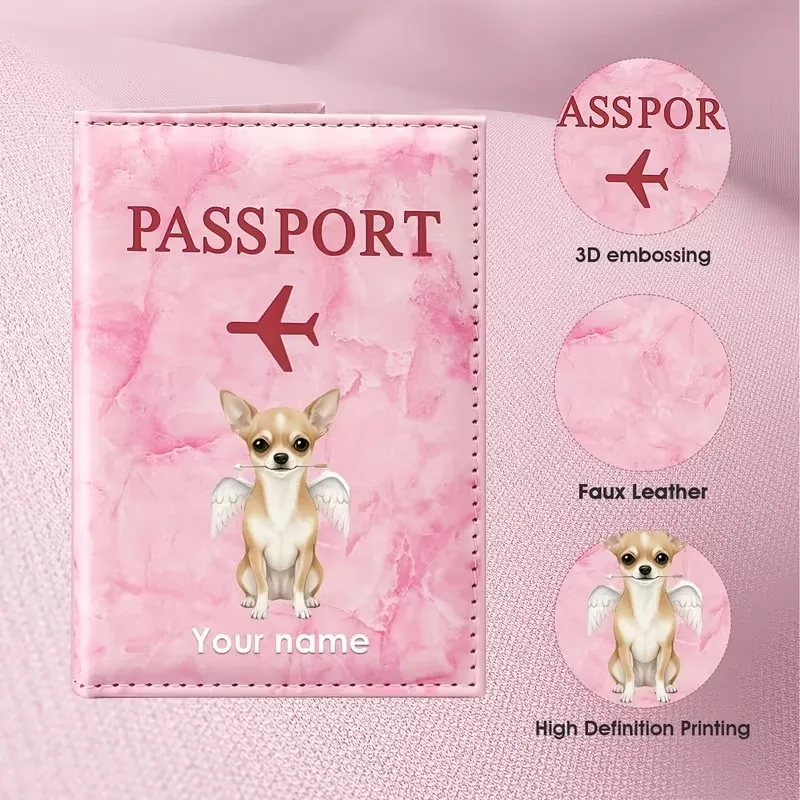 Custom Name Cute Angel Dog Illustration Design PU Passport Cover-Foldable, Lightweight, Ideal for Travel, Business Trips, Gift