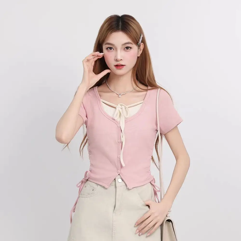 أنيقة الكورية وهمية قطعتين أعلى الشارع الشهير قصيرة الأكمام سترات خفيفة الوزن السباغيتي حزام الجمالية الرسن تانك الأعلى الفتيات