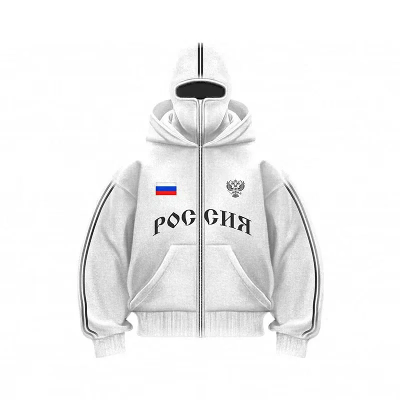 Y2K ملابس الرجال الهيب هوب الخريف روسيا رائجة البيع خمر مزدوجة أغطية رأس بسحاب حروف الجرافيك هوديس بلوزات سترة عادية #6