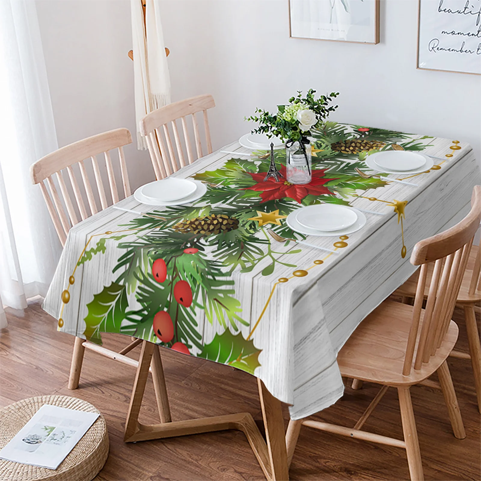 Christmas Pine Needle Leaves Christmas Tree Table Cloth Waterproof Dining Tablecloth Kitchen Decorative Party Table Cover