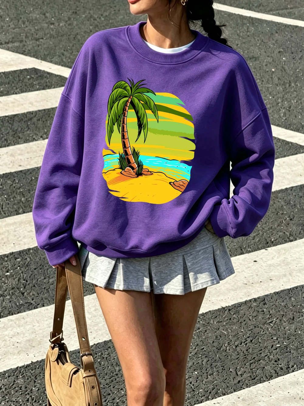Beach Palm Tree Graphic Prints Sweatshirt Women Sporty Crewneck Hoodies Fleece Warm Loose Tops Autumn Jogging Womans Clothes