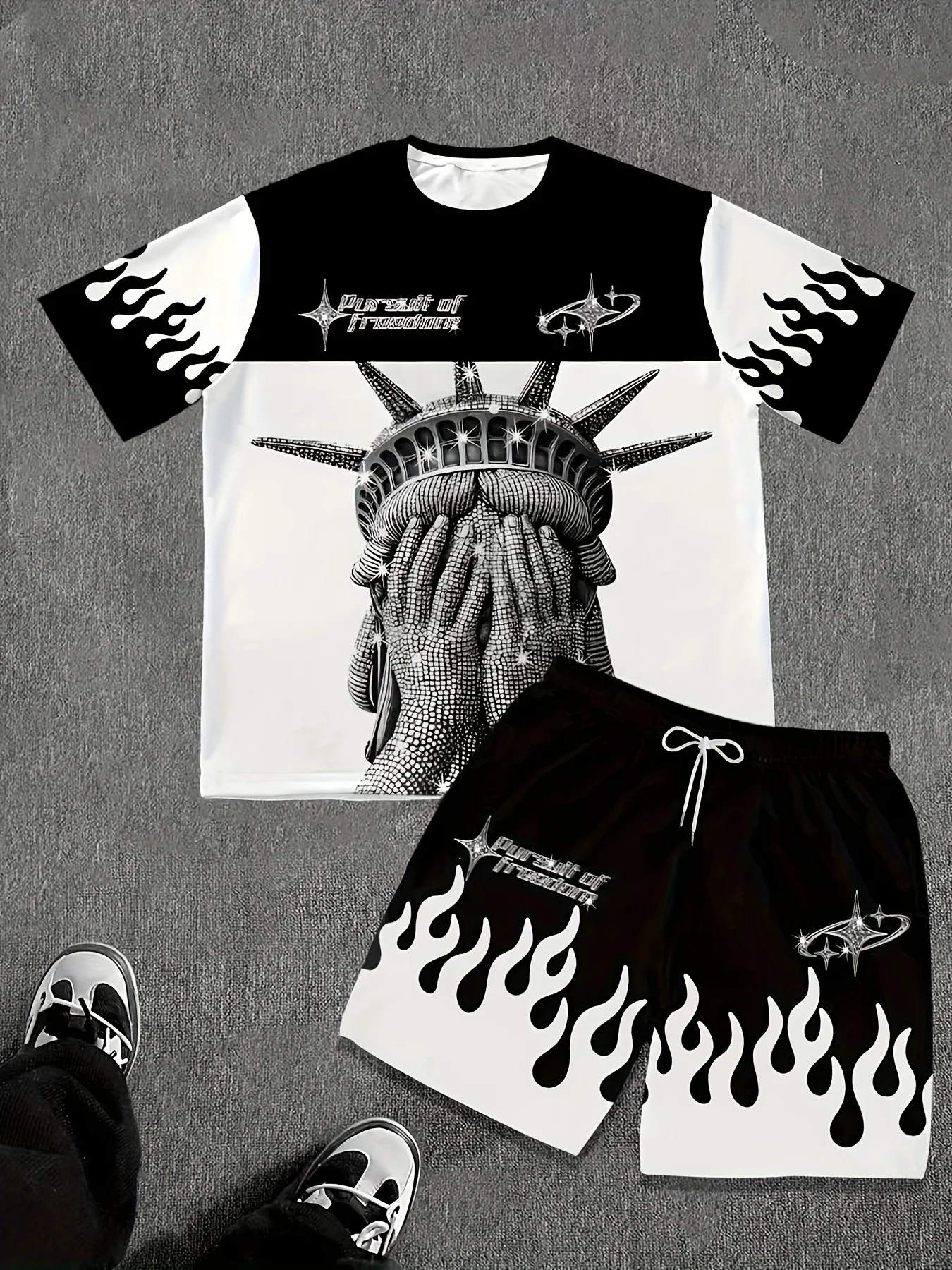 

Summer Fashion men's New Statue Of Liberty Print Comfortable And Breathable Round Neck T-shirt Shorts Set Outdoor Casual Clothin