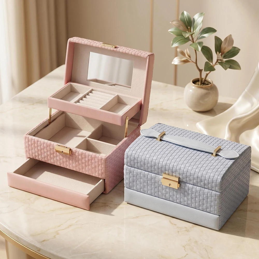 PVC Bracelet Display Box Rings Necklace Velvet Inner Jewelry Organizer Holder Bracelet Carrying Case Storage Box With Mirror