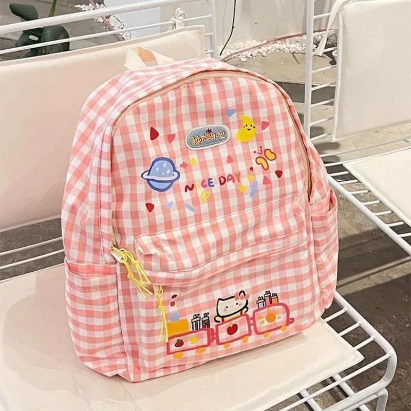 MBTI Hello Kitty Womens Backpack Plaid Vintage Cute Pink Japanese Fashion College Style Backpack Students Large Capacity Bag