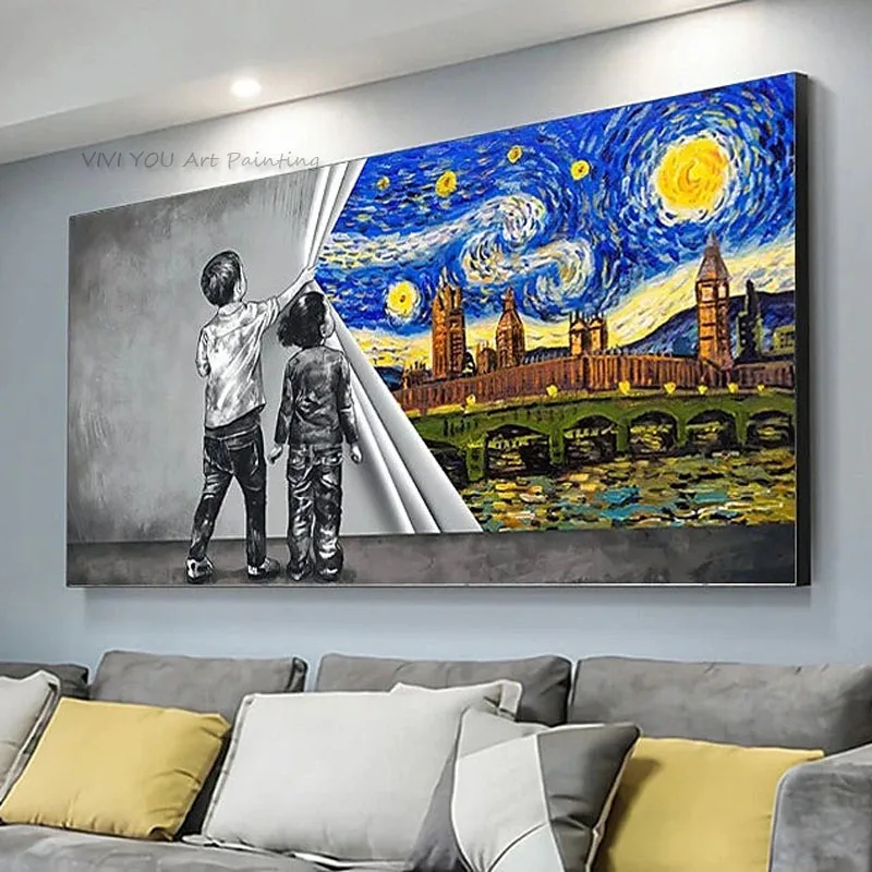 Handmade Hand Painted Wall Art Modern Abstract Van Gogh Starry Night Landscape Home Decoration Decor Rolled Canvas Unstretched