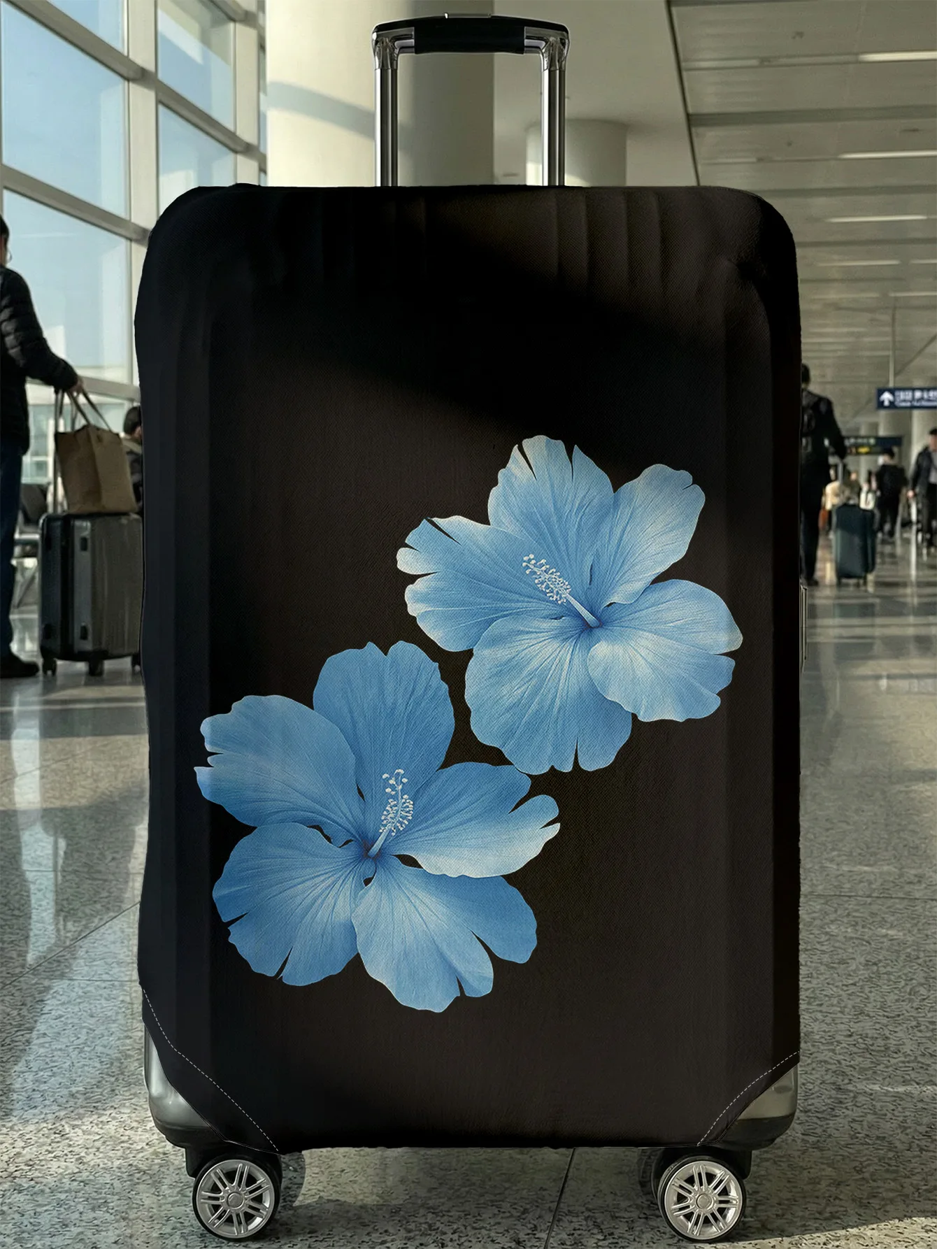 

Чехол для багажа с синим цветком гибискуса на черной основе, подходит для чемоданов 18-32 дюймов, чехол на ручку чемодана, дорожные аксессуары