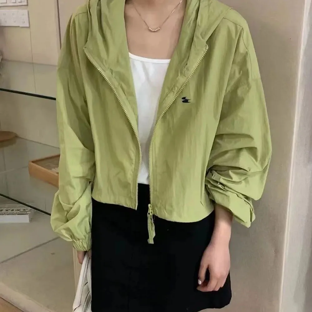 Korean Short Jacket Women Drawstring Zipper Long Sleeve Hooded Outwear Female Spring Summer Sun-Protective Clothing Thin Coat