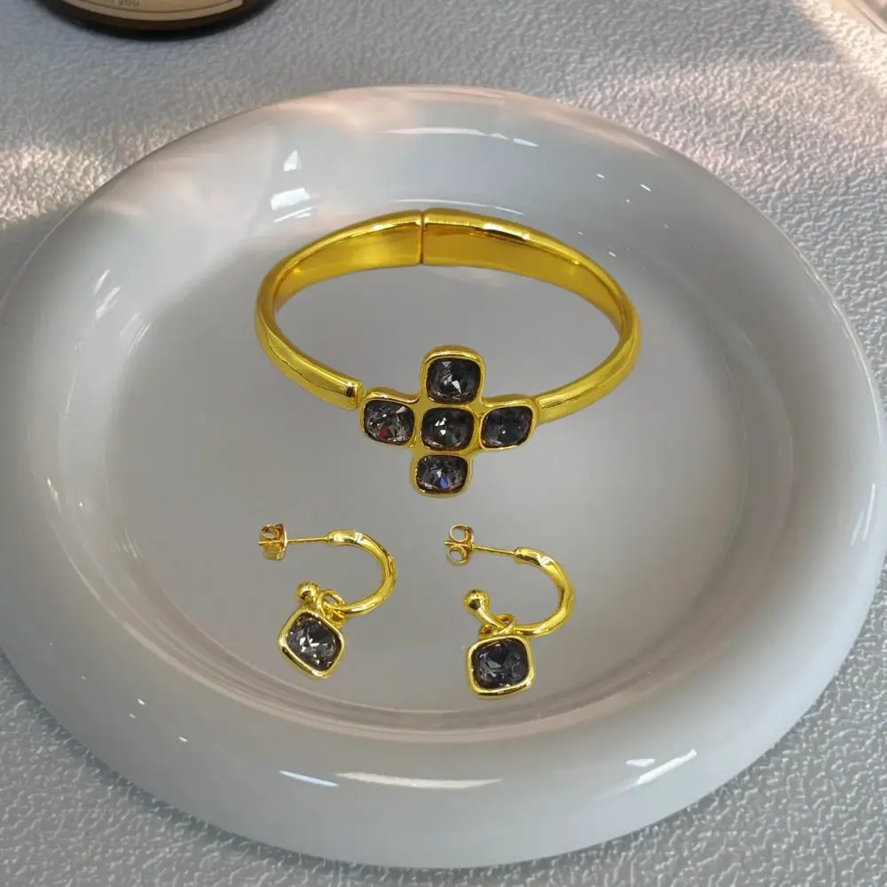 2026 Spain Versatile Hot Selling Gold Silver Cross Black Crystal Earrings Bracelet Jewelry Two Piece Set Charm Gift