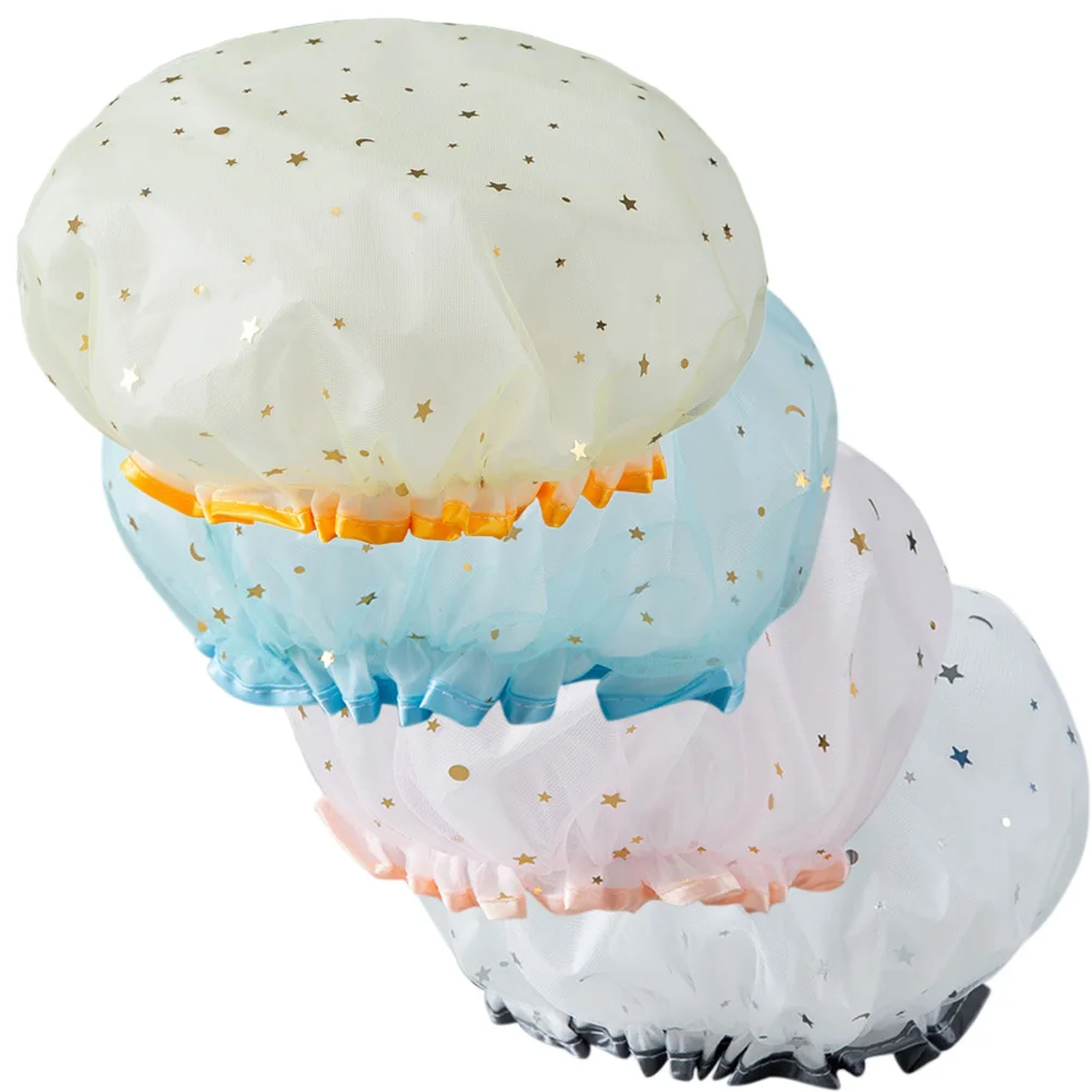 

4Pcs Waterproof Shower Cap for Women Reusable Bathroom Hat Comfortable Fit for Daily Hair Protection and Shower Use