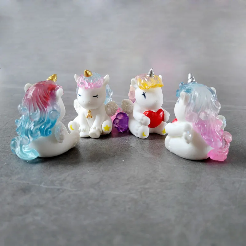 4pc Cute Colorful Crystal Unicorn Animal Decoration Resin Craft Miniature Figure for Bonsai Microlandscape Fairy Garden Decor