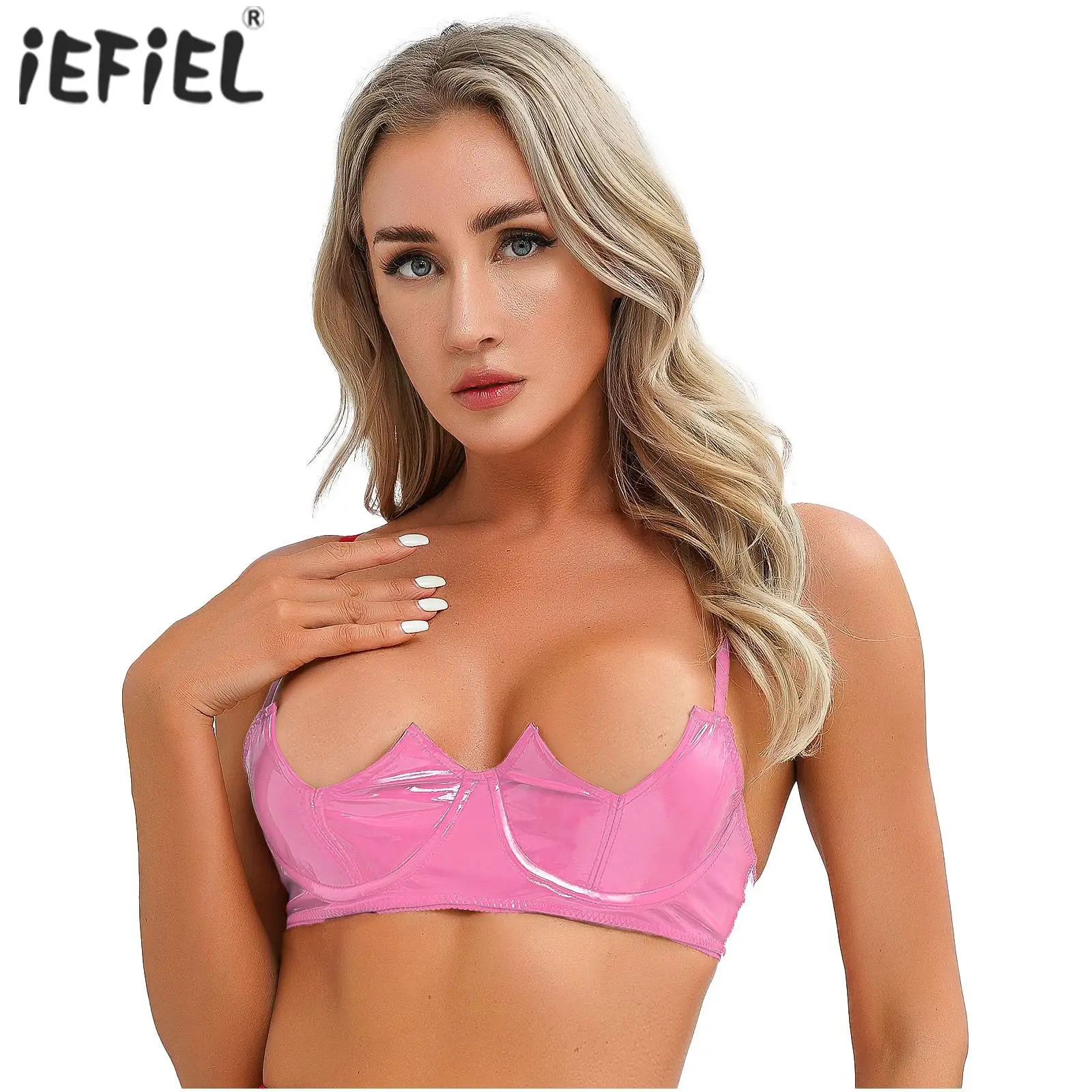 Open Chest Lingerie Bralette for Sexy Womens Wet Look Patent Leather Brassiere Underwear Open Underwired Cups V-Notch Bra Tops