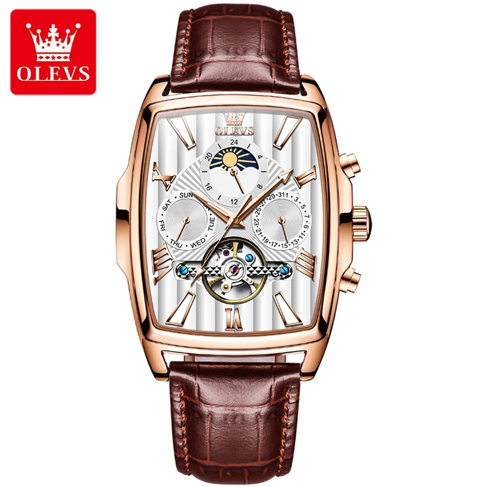 OLEVS Brand Automatic Mechanical Watch Wine Barrel Dial Waterproof Leather Strap Skeleton Design Watch Reloj de hombre 88