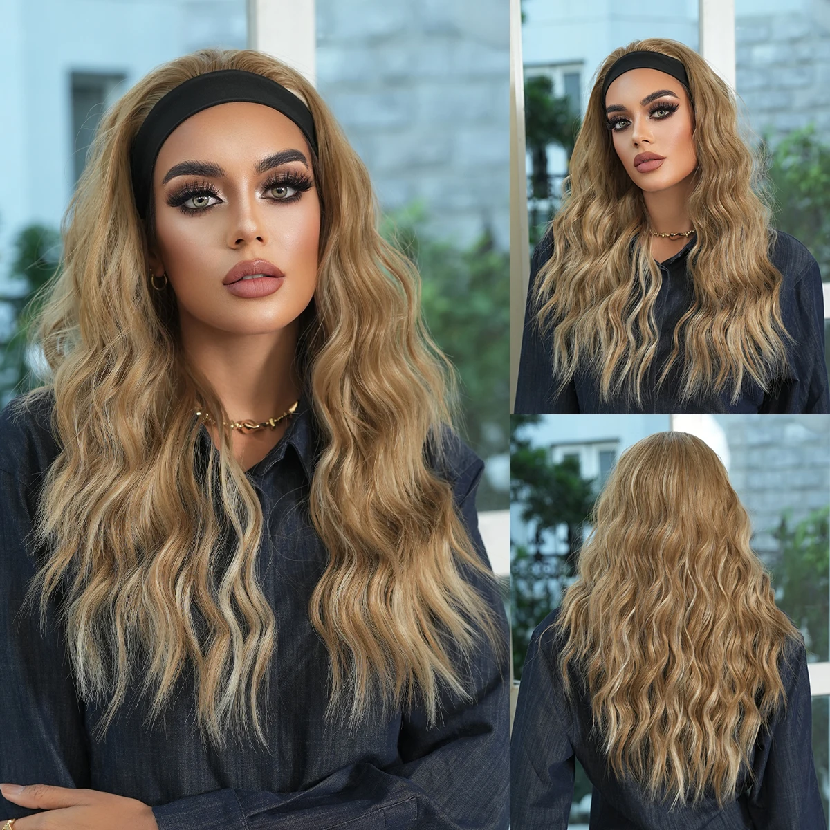 

NAMM Long Curly Brown Headband Wig With for Women Highlight Beige Heat Resistant Fiber Hairpiece with Natural Synthetic Hair Wig