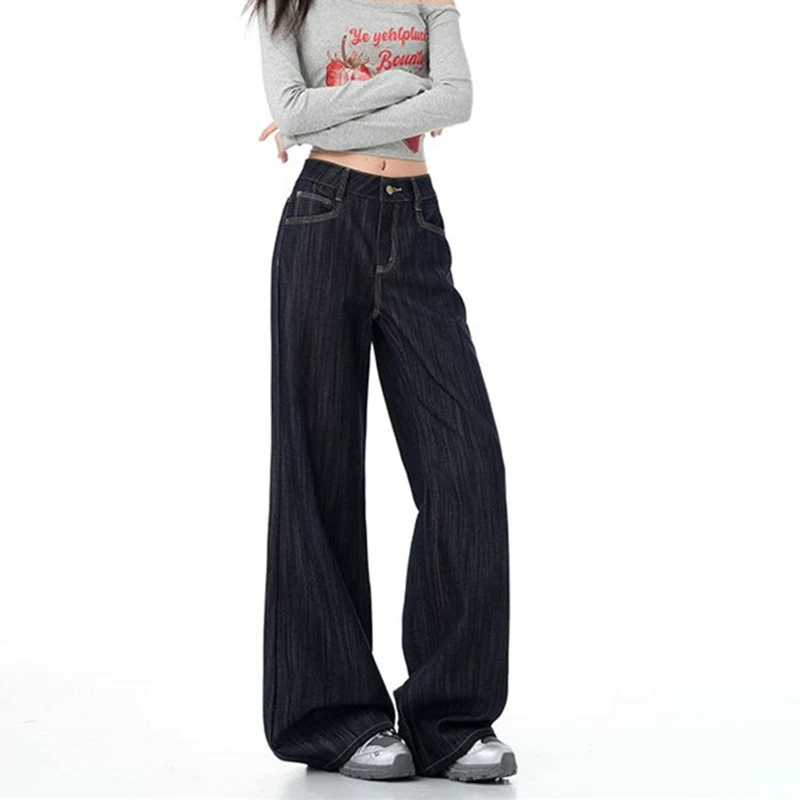 FINEWORDS Jeans svasati blu scuro coreani casual vintage da donna Jeans larghi a tutta lunghezza con fondo a campana Pantaloni in denim larghi Easymatch