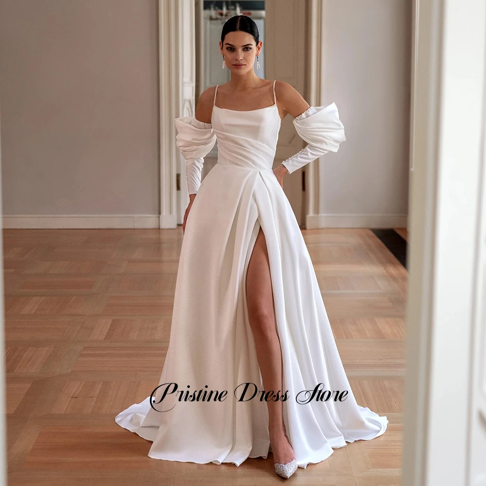 Robe de mariée trapèze en Jersey blanc Simple, avec fente latérale, bretelles Spaghetti personnalisées, manches détachables