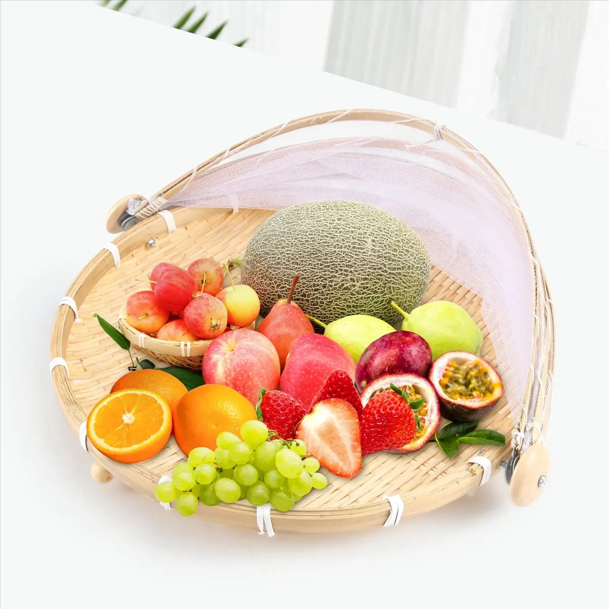 AA77 NEW Hand-Woven Food Tent Basket Tray Fruit Vegetable Bread Storage Basket Simple Atmosphere Outdoor Picnic Mesh Net Cover