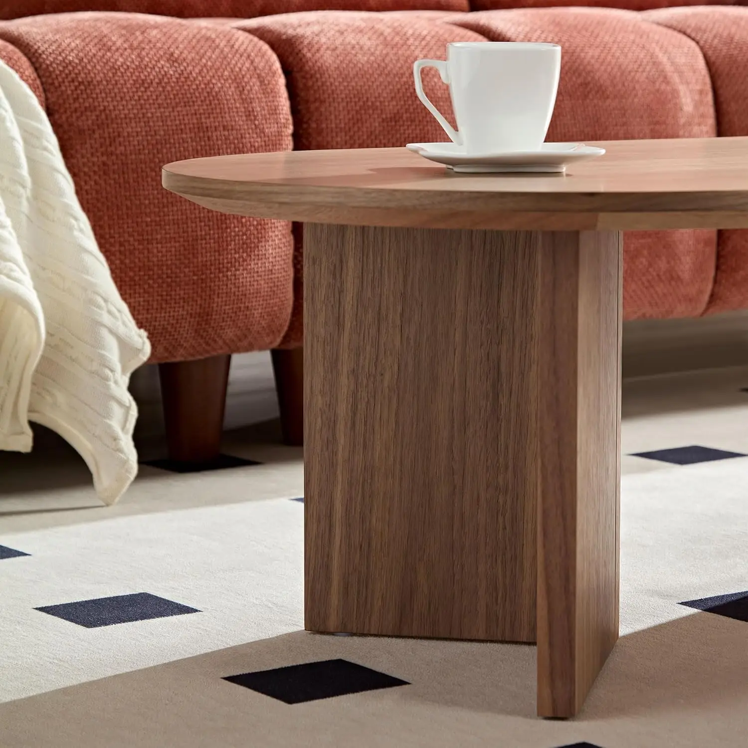 39.37'' Oval Coffee Table for Living Room Pedestal Coffee Table Mid Century Modern Coffee Table Wood Centry Table, Easy Assembly