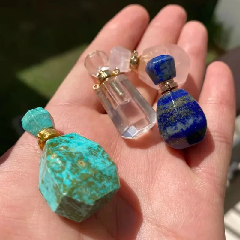 1PC Natural Stone Agate Perfume Bottle Connector Amethyst Fluorite Pendant Essential Oil Diffuser Charms DIY Necklace Jewelry