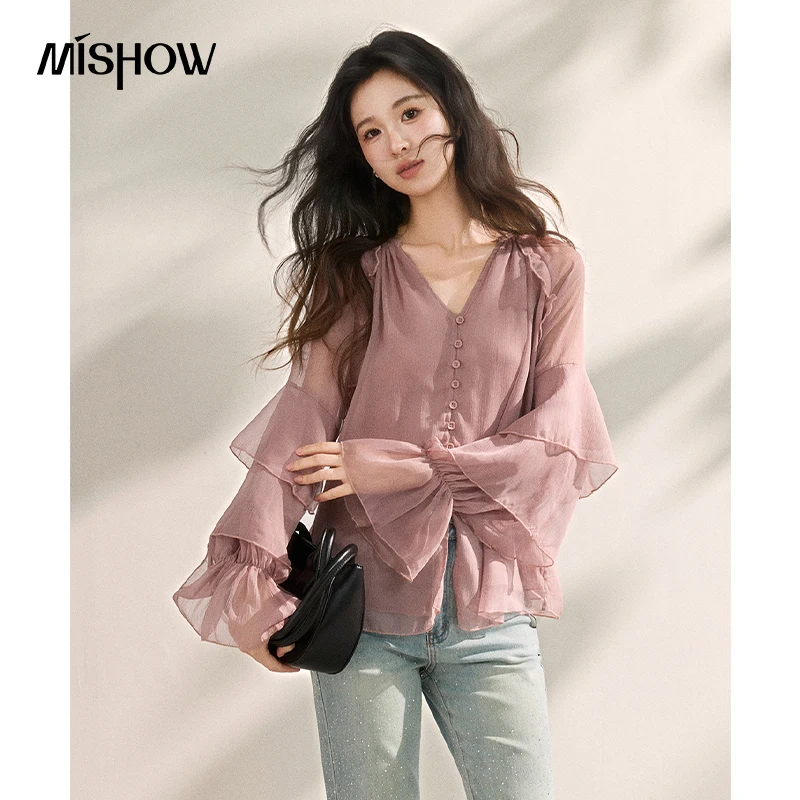 

Женская блузка MISHOW пыльно-фиолетового цвета с рюшами и расклешенными рукавами, V-образным вырезом, из текстурированного шифона, элегантная, романтичная, для весеннего гардероба MXF16X2612