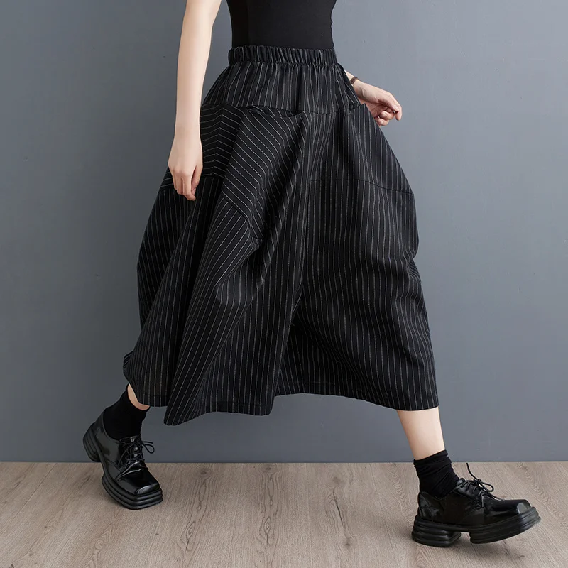 #2909 Vertrical Striped Wide Pants Women Loose Streetwear Asymmetrical Baggy Pants Woman Calf-length Baggy Pants Female Pockets