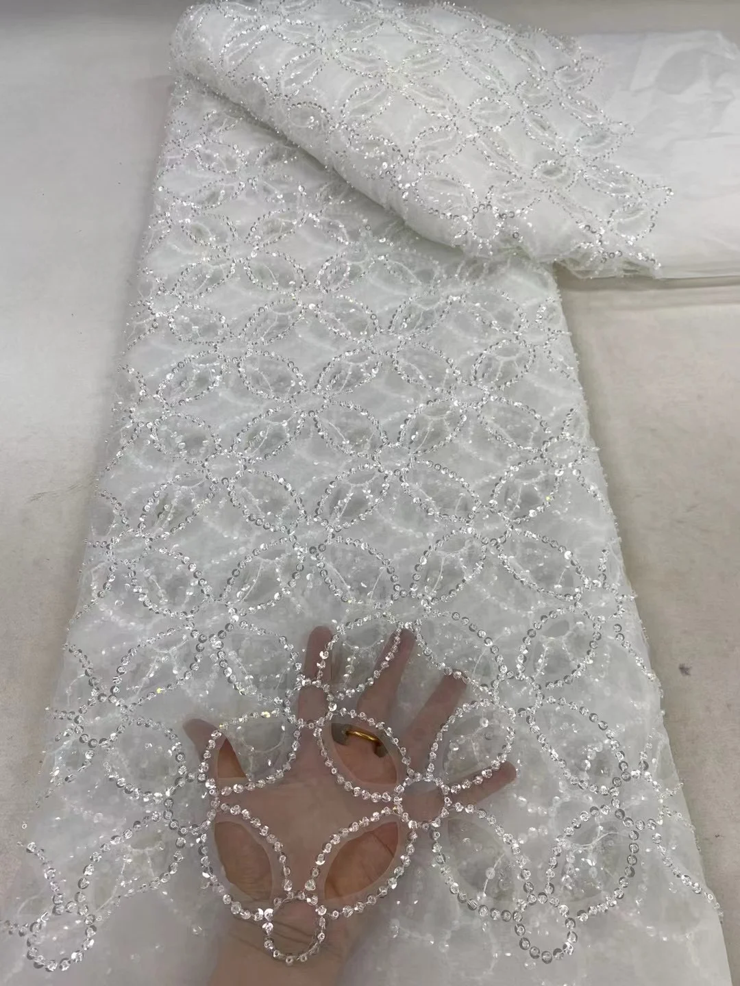 Tela de encaje de lentejuelas africanas, tejido de tul de alta calidad con cuentas de Red Nigeriana francesa para coser vestido de novia, 2024