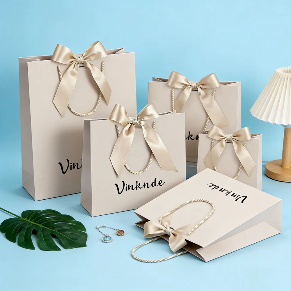 

Сумка для подарочной упаковки с логотипом, бумажные сумки для шампанского с лентой с бантом, дорожная одежда, органайзер для свадебных конфет с ручкой для покупок