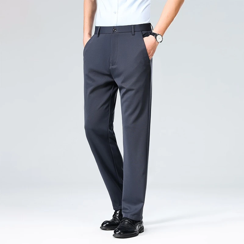 Summer High Elastic Pants Men Slim Straight Trousers Wrinkle Resistant Solid Color Formal Business Office Casual Long Pants