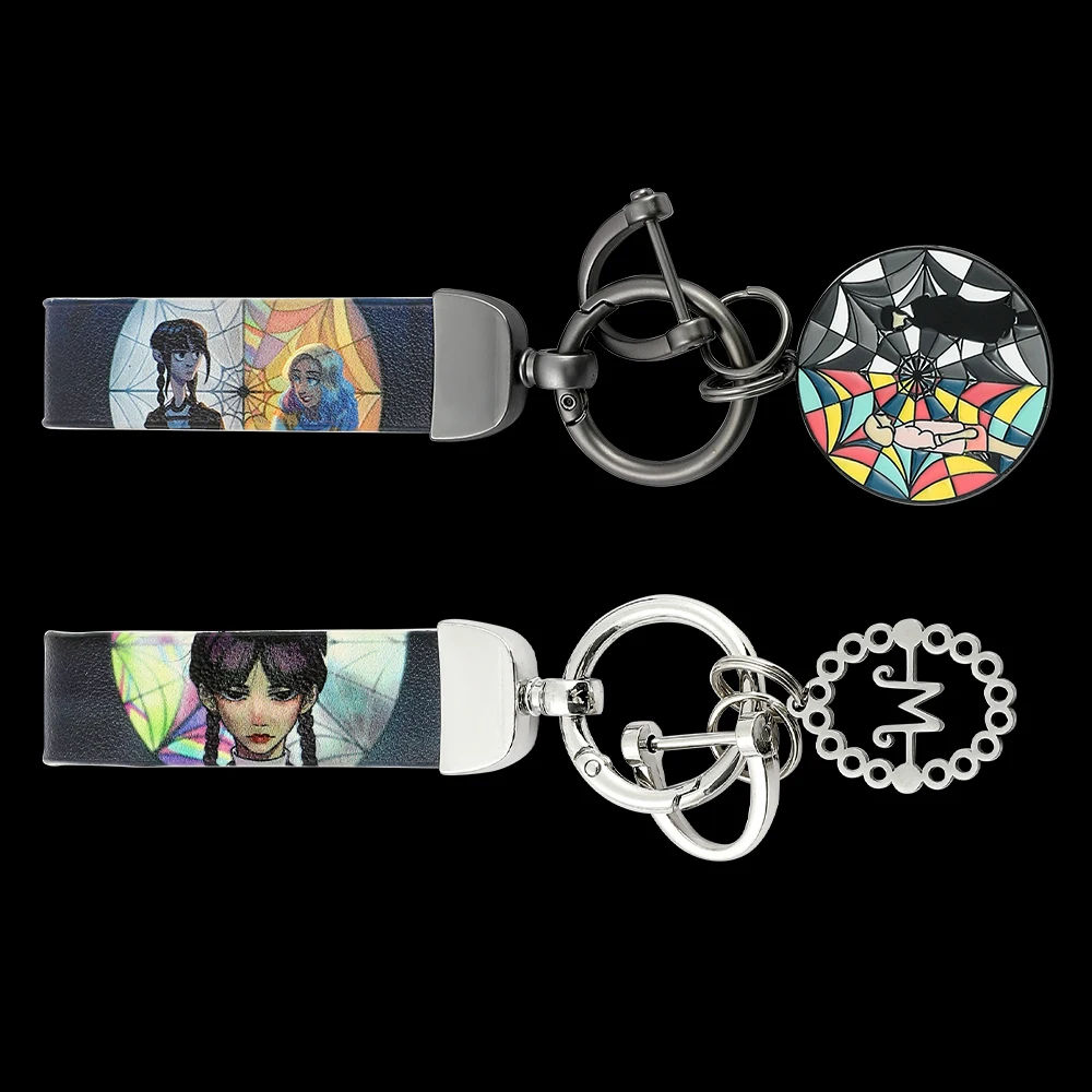 Classic TV Show Wednesday Addams Cosplay Keychains Fashion Leather Car Pendant Key Ring Llaveros Jewelry for Fans Gifts