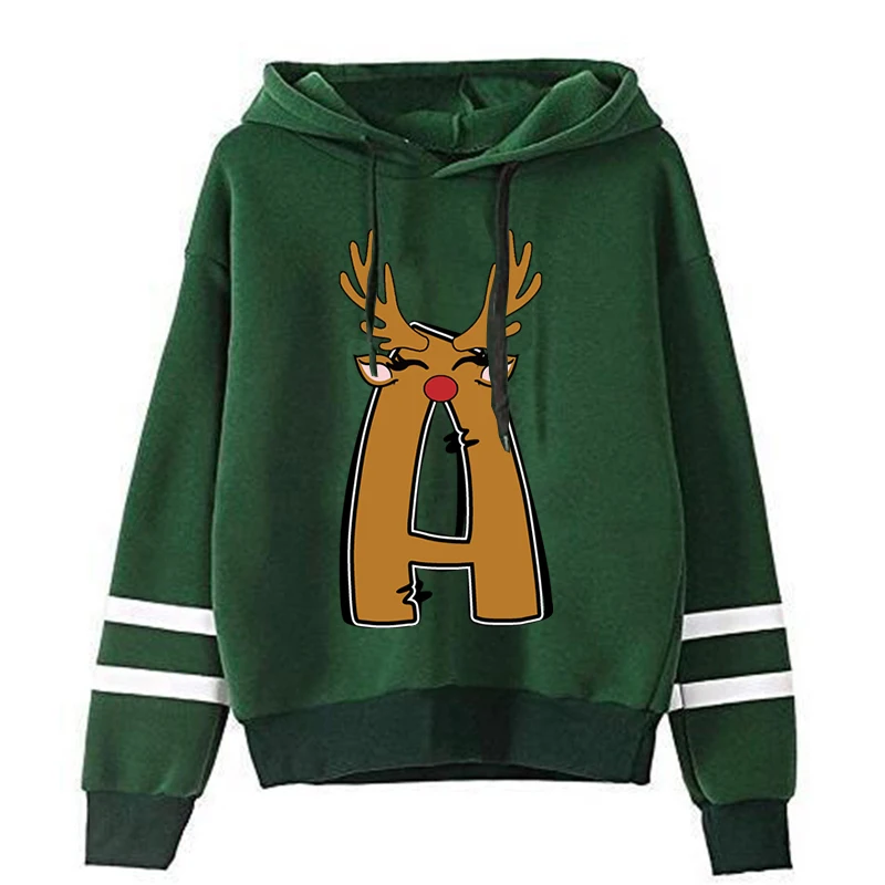 Cartoon Vintage Christmas Elk Alphabet A-Z Hoodie Women Fashion Design 26 Letter Print Hoody Long Sleeve Xmas Holiday Sweatshirt