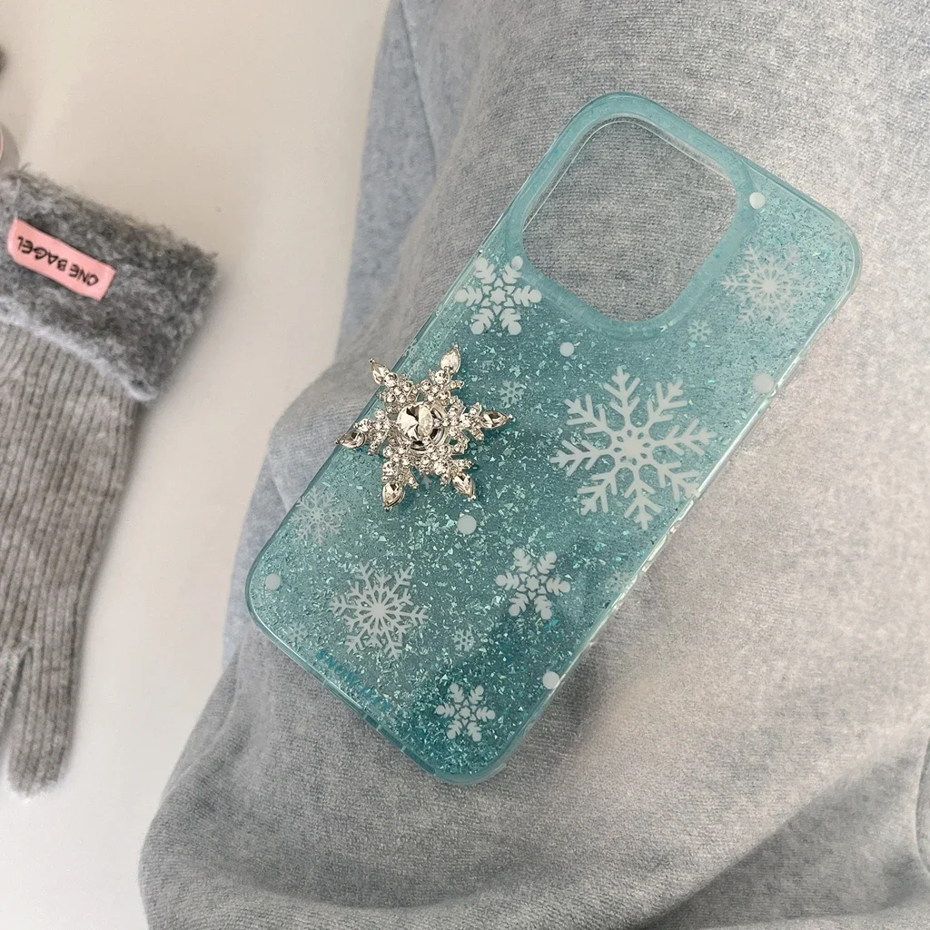 Simplicity Blue Glitter Transparent Rotate Snowflake Rhinestone Cover Case for iPhone 16 15 14 13 12 Pro Max Phone Case