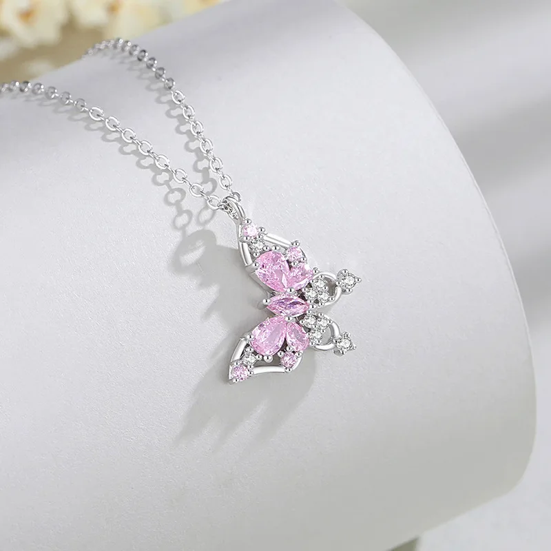 2025 New S925 Sterling Silver Hollow Butterfly Necklace with Dreamy Pink Zircon Fashionable Elegant Jewelry Gift for Women
