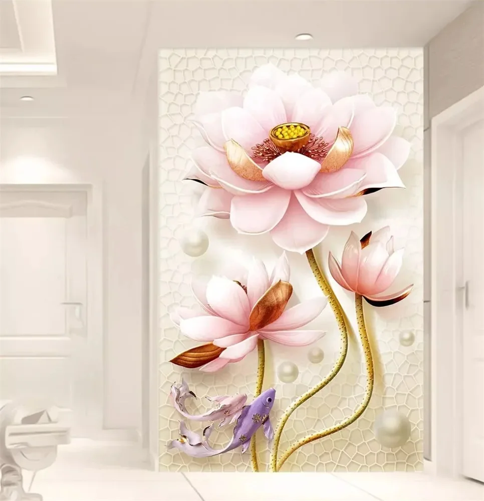 

beibehang Custom 3D Wallpaper Mural New Chinese 3D Lotus Emboss Elegant Simple Stereo Entrance Decoration wall papers home decor