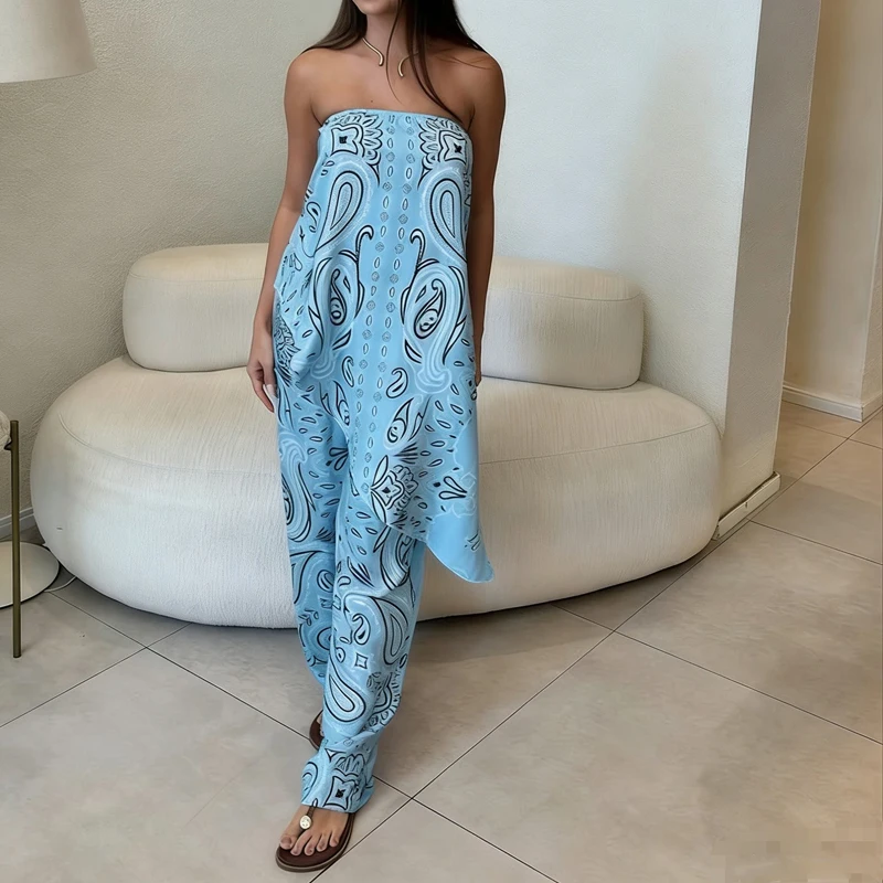 

2026 New Summer Vacation Print Suit Backless Hollowed Out Beach Outfit Sexy Strapless Top with Long Pants Women's Two Piece Set
