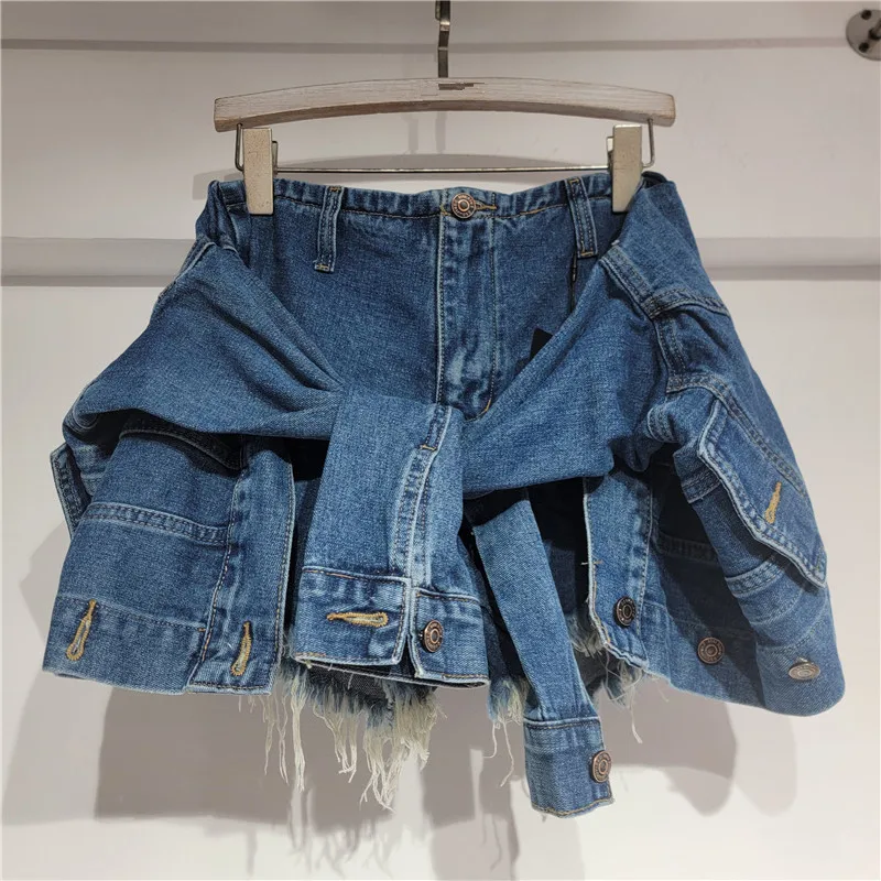 Denim Shorts Women Jeans Vintage Washed A Line Slim Fit Low Waist Straight Trousers Lace Up Y2k Streetwear Splice Casual Beach - view 5
