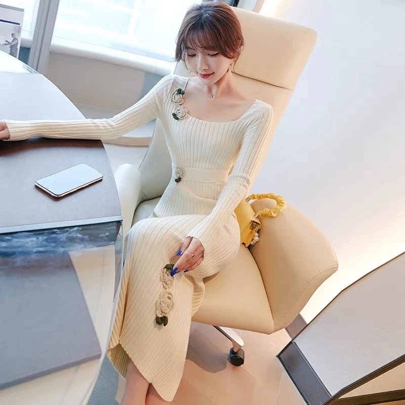 Women Autumn Winter Long Sleeve Knitted Dress 2026 Slim Fit Over Knee Elegant Base Vestido