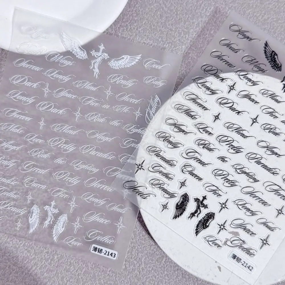 Black White Wing Nail Art Stickers Self-Adhesive Thin Letter Words Nail Decals Holographic Nail Decorative Stickers