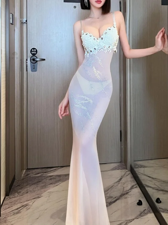 

Elegant Sexy See-through Strap Evening Gown Women's Mid-waist Fish-tail Long Dress Polyester Fiber No-sleeve Bodycon Dress