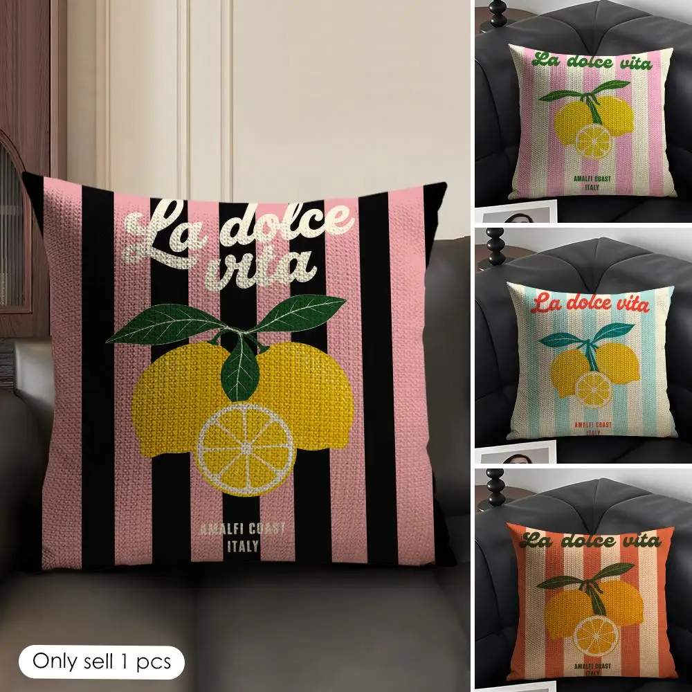 Cushion Cover Lemon Amalfi Coast Linen Organic Fabric Double-Sided Printing Sofa Breathable Home Decor Gift Pillow Case