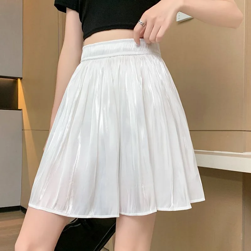 Satin Skirts Women Folds Korean Style A-line Gentle High Waist Fashion Summer Casual Office Lady Solid All-match Popular Chic