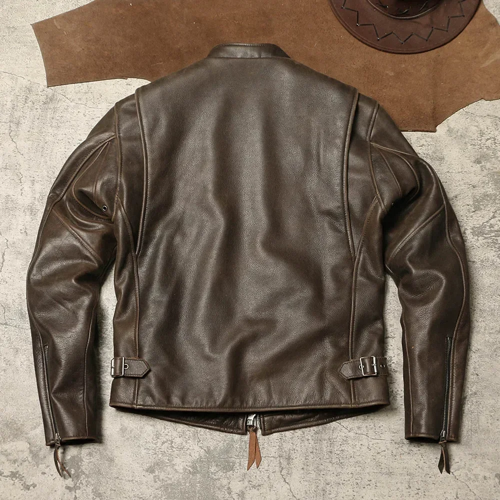American Retro Distressed Unpainted Soft Cowhide Jacket, Autumn and Winter Genuine Leather Cycling Jacket