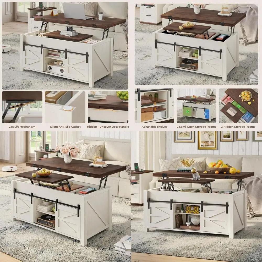 

4-in-1 Convertible Coffee Table with Sliding Barn Doors, Adjustable Shelves, and Hidden Storage, Transforms into Dining Table (B