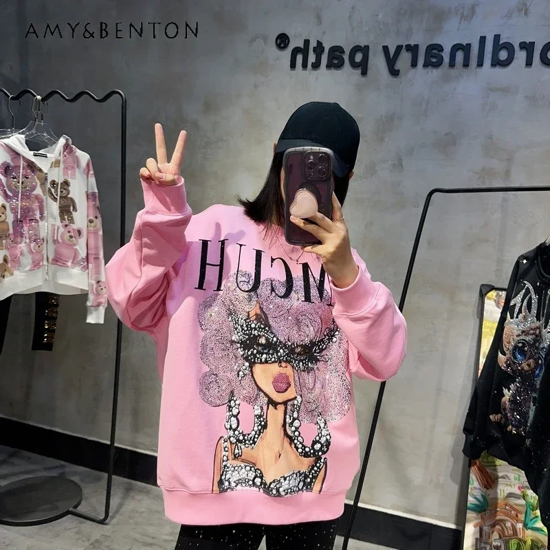 

Spring And Autumn High-end Kawaii Sweatshirts Diamond Drills O-neck Beautiful Women Loose Casual Oversize Pink Trend Top Hoodies