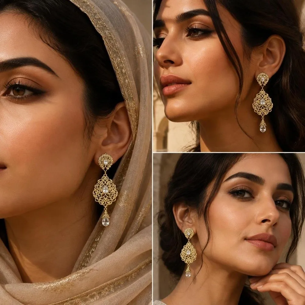 1 Pair Hollow Design Arabic Earrings Crystal Pendant Traditional Style Moroccan Earrings Water Droplet Shape Bridal Earrings